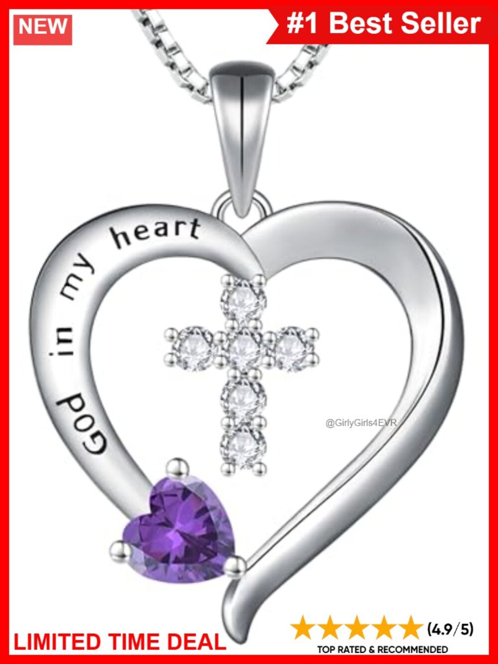 925 Sterling Silver Heart Cross Necklace Birthstone Pendant God in My Heart
